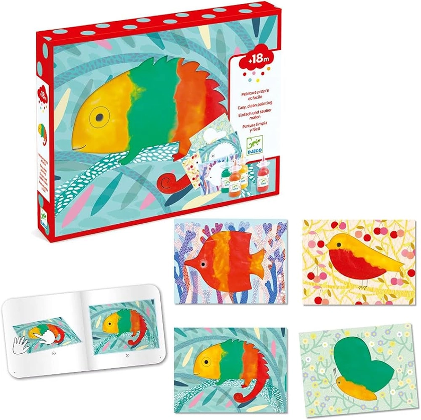 DJECO Clean and Easy Multi-Colour Paint Kit for Ages 18 Months - No Mess Creativity - 4 Illustrated Rinsable Pouches, 4 Paint Colours - Learning Colours and Animals