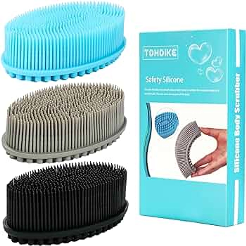 Silicone Body Scrubber Loofah - Set of 3 Soft Exfoliating Body Bath Shower Scrubber Loofah Brush for Sensitive Kids Women Men All Kinds of Skin(Black/Gray/Blue)