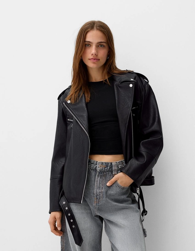 Oversize faux leather biker jacket - Leather-look - Women