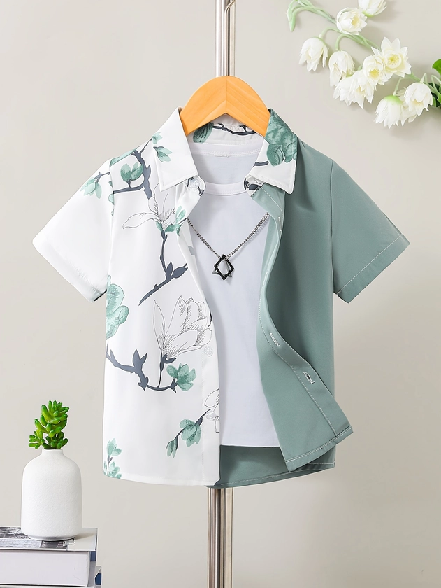 Boy&#39;s Flower Pattern Splicing Shirt, Short Sleeve Stylish Comfortable Casual Summer Top Shirt