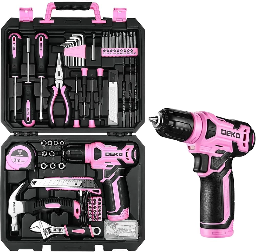 DEKO Caisse a Outil Rose Avec Perceuse Visseuse Multifonction Sans Fil 8V, 126 Pièces Malette Outils complete, Ensemble d'Outils avec Perceusepour Réparation, Entretien et Travail