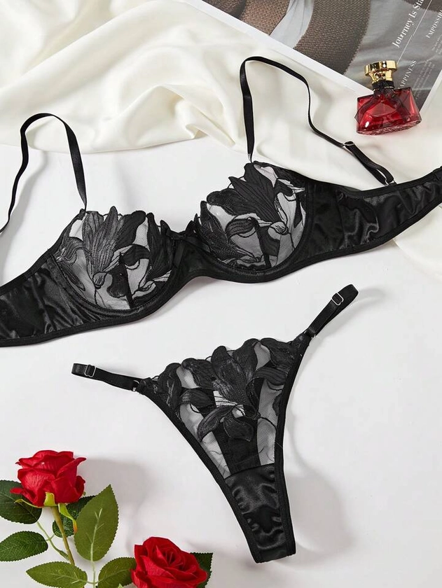 Conjunto De Lingerie Sexy De Malha Bordada