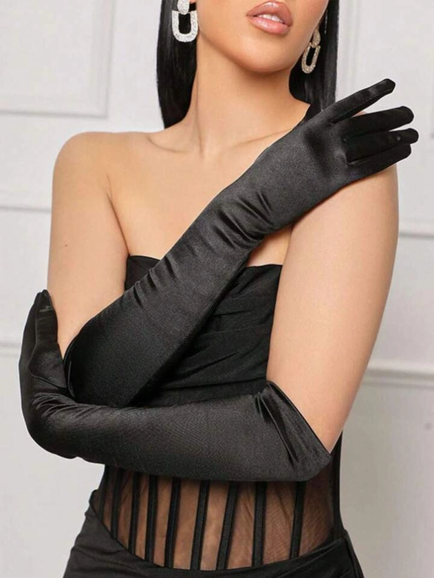 1pair Solid Color Bridal Satin Gloves With Finger Coverage For Evening, Party