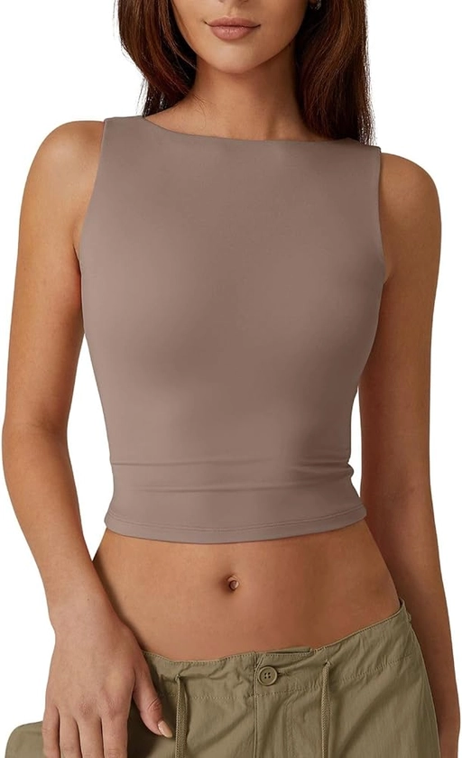 QINSEN Women's Sexy Open Back Sleeveless Crop Tank High Neck Slim Fit Cropped Tee Shirt Y2k Tops