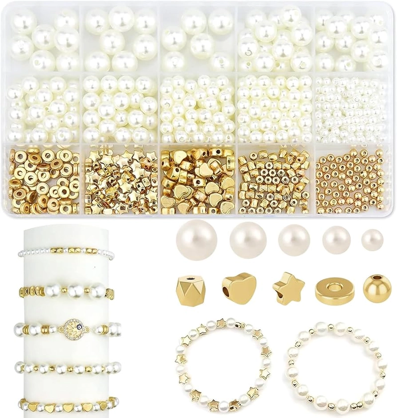 White Gold Polished Loose Beads Making Kit, 800Pcs Gold Spacer Beads and Pearl Beads Set, Smooth Gold Clay Beads Charms with Storage Box, Pearl Beads Bracelets Making for DIY Necklace Earrings : Amazon.co.uk: Home & Kitchen