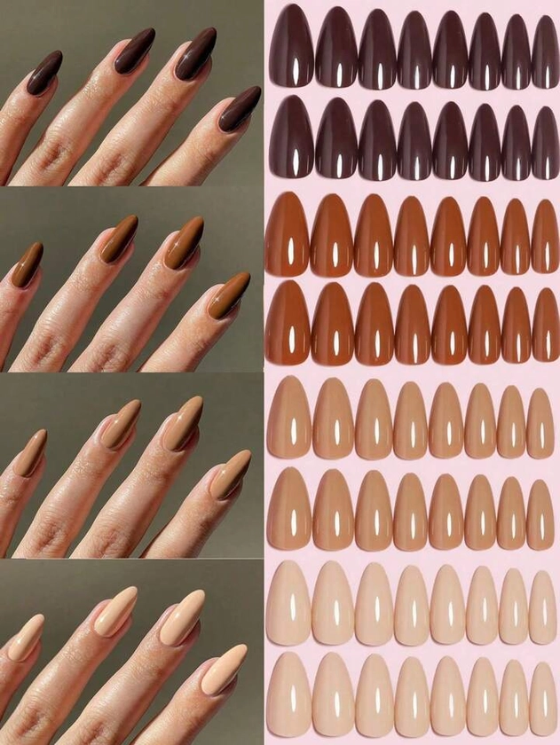 VV MEI JIA ER 4Colors (96 Pcs) Autumn And Winter Nude Solid Shiny Colors Design Natural Looking Press On Nails Medium Fake Nails Almond Nails Set With Storage Box As Gift For Women And Girls & 1sheet Tape & 1pc Nail File Nail Supplies