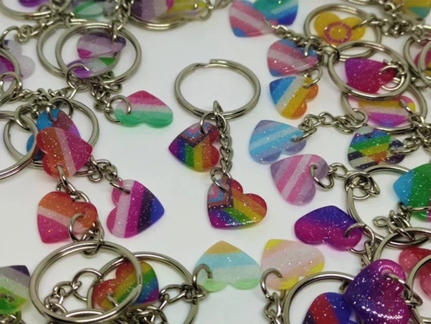 Handmade LGBTQ+ Heart Keychain Glitter Pride Flag + Keyring