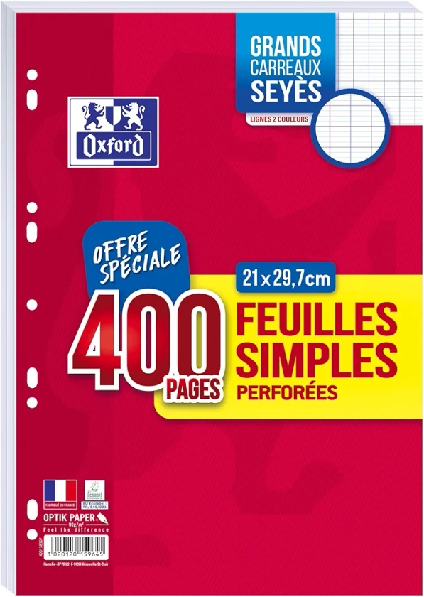 OXFORD Lot de 400 Pages Feuilles Simples Grands Carreaux Seyes Format A4 (21x29,7cm) Perforees, Blanches