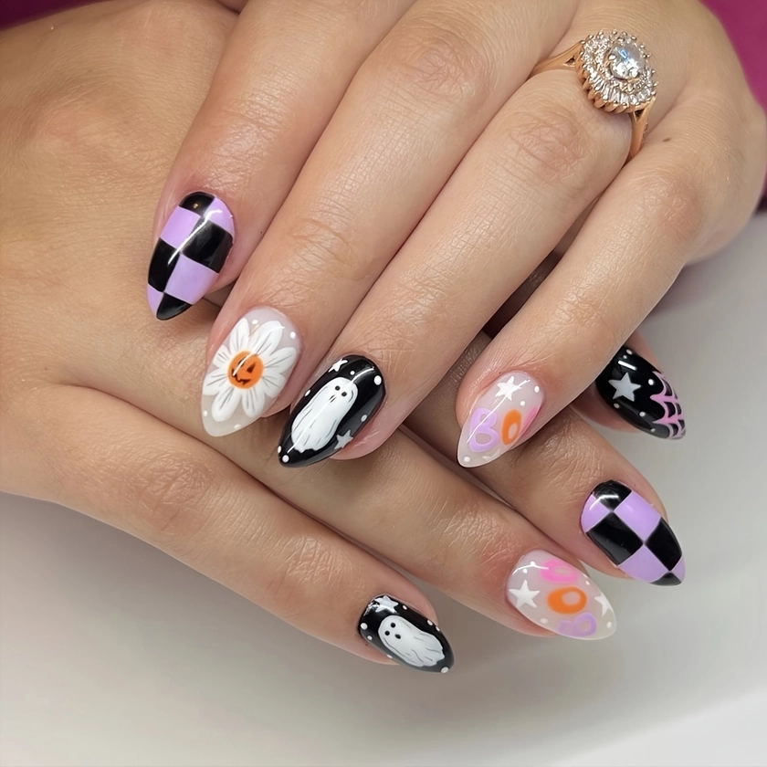24-Piece Halloween Press-On Nails Set - Short Oval, Glossy Finish With Cute Ghosts & Floral Design In Black And * Pattern