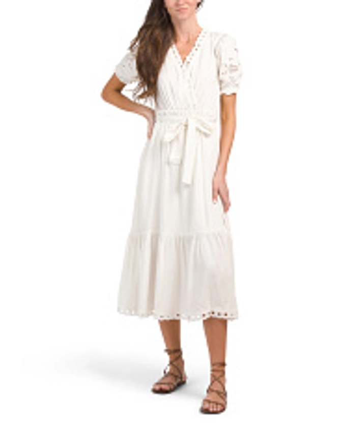 Linen Blend Eyelet Shirred Midi Dress | Casual Dresses | Marshalls