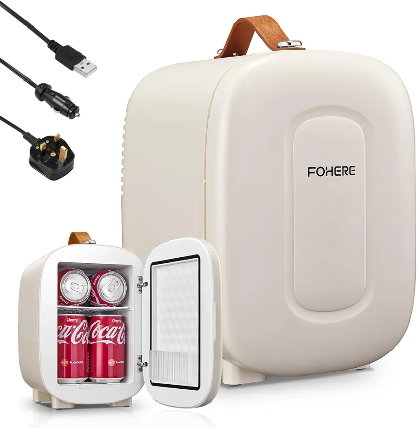 FOHERE Mini Fridge 5 Liter/6 Cans, Portable Mini Cooler, USB+AC Power Compatibility, Small Fridge for Bedroom, Offices, Car, Skincare, Makeup, Cosmetics, Drinks, White