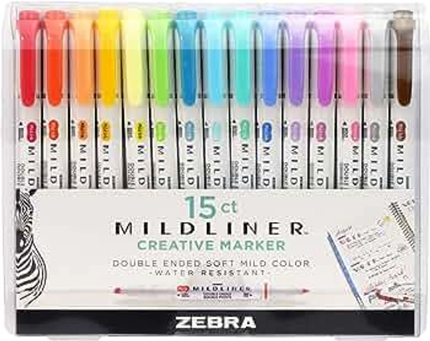 Zebra Pen Mildliner Double Ended Highlighter Set, Broad and Fine Point Tips, Assorted Ink Colors, 15-Pack