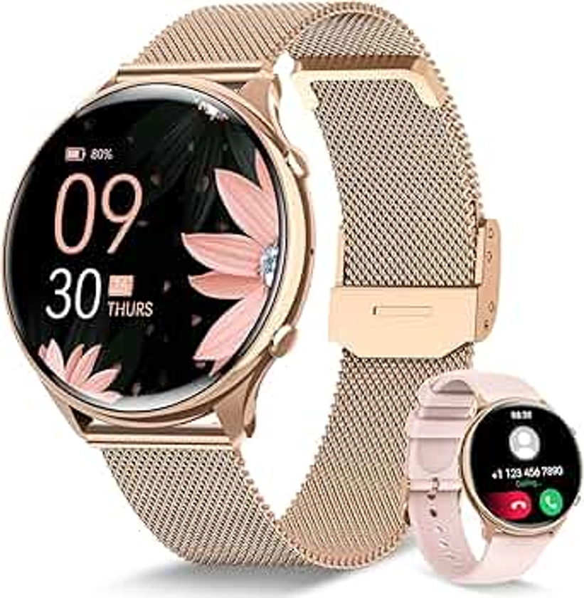 RUXINGX Smartwatch Donna con Chiamate Whatsapp, HD Schermo Orologio Smartwatch con Monitoraggio Ciclo/120 Sport/24H Cardiofrequenzimetro/SpO2/Sonno, Fitness Tracker IP68 per iOS Android Oro Rosa