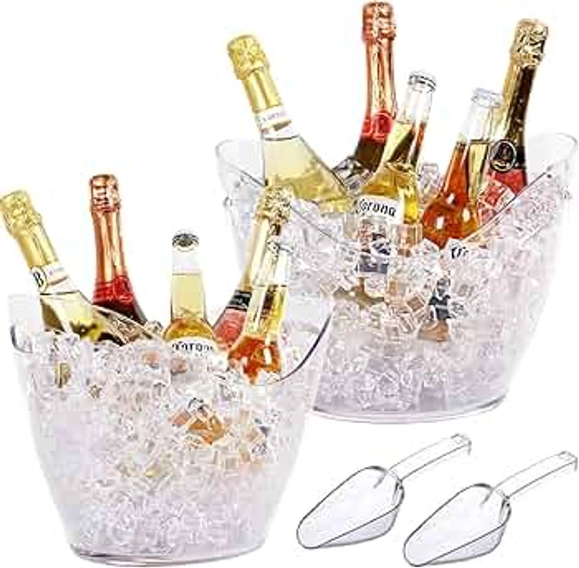 VandanCoop 2 Pcs Plastic Ice Buckets for Parties Clear Acrylic 4 Liter and 8L Wine Bucket with 2 Scoops (4L+8L, Transparent)