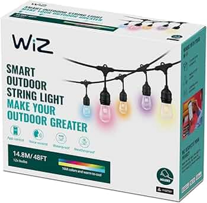 WiZ, Guirlande Connectée Wi-Fi, 16 millions de couleurs, 15m, utilisation en extérieur IP65, fonctionne avec Alexa, Google Assistant et Apple HomeKit