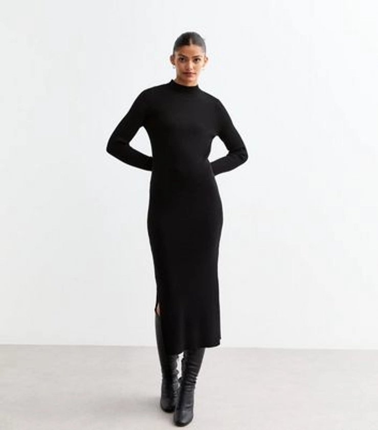 Black Rib Knit High Neck Midi Dress