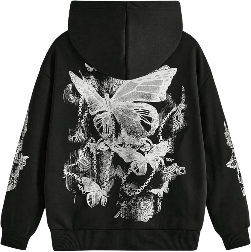 SOLY HUX Women's Graphic Hoodies Butterfly Print Long Sleeve Drawstring Pocket Sweatshirt Pullover Tops