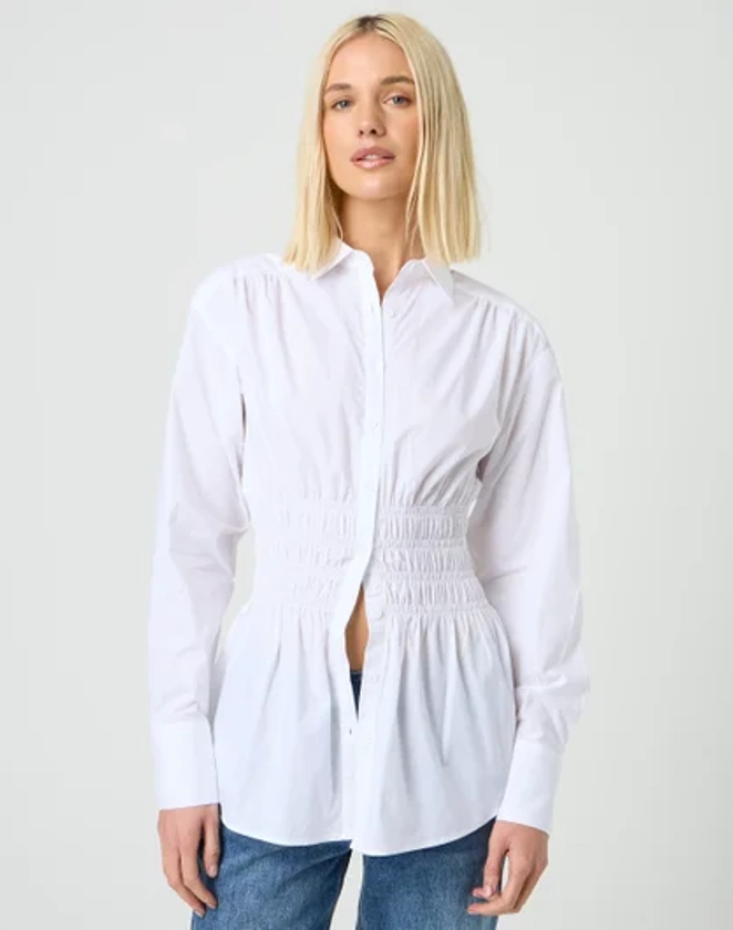 Shirred Waist Button Up Shirt in White | Glassons AU