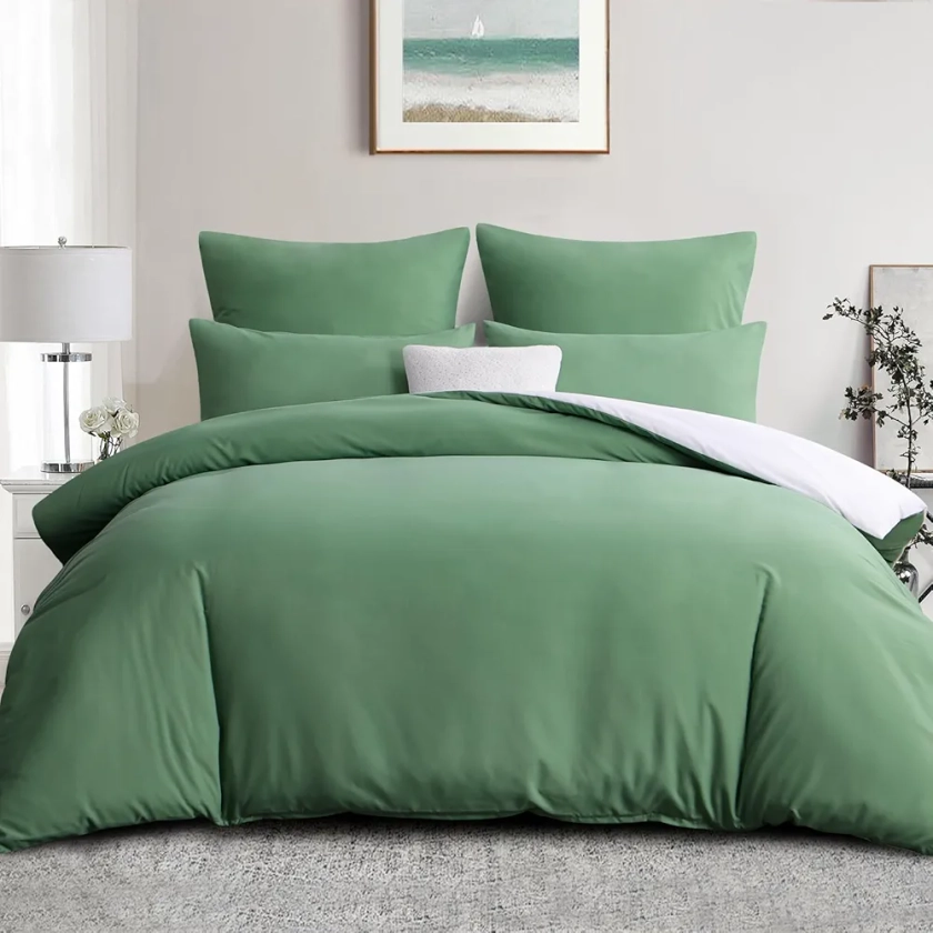 Aisbo Housse de Couette 220x240 Réversible - Parure de Lit Bicolore Adulte 2 Personnes avec Fermeture éclair, Parure Housse Coutte 240 x 220 Microfibre avec 2 Taie Oreiller 65x65, Vert et Blanc