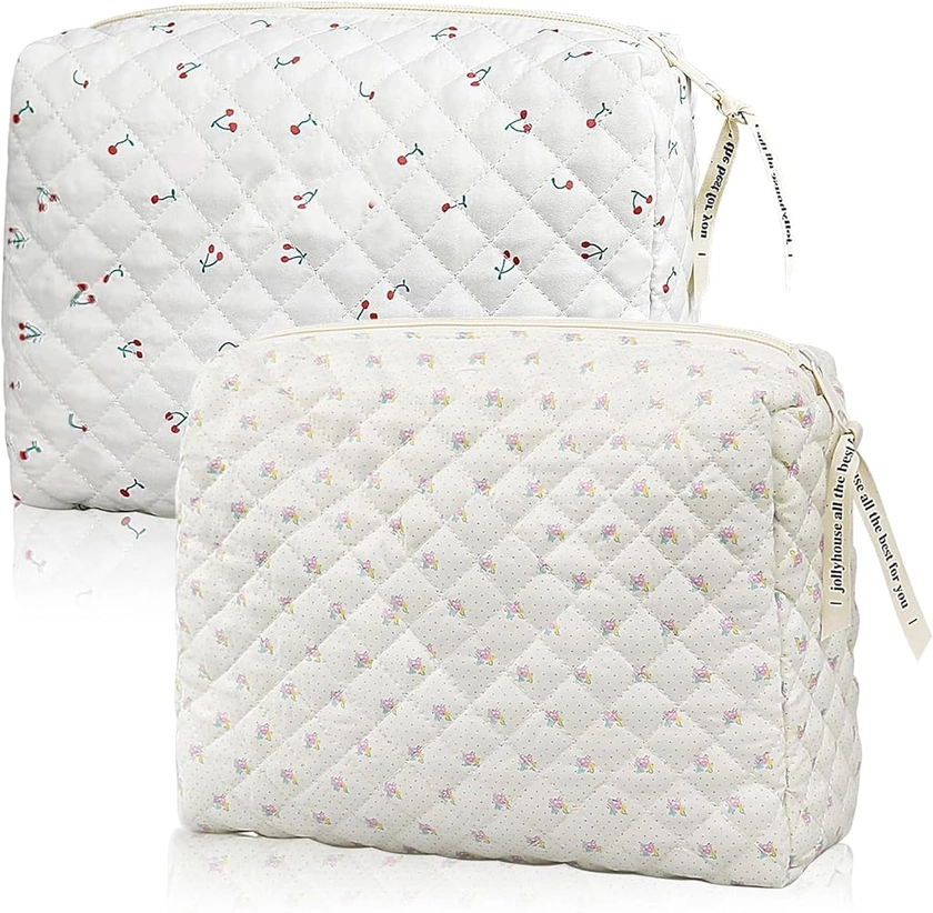 LURVOUS 2 Pcs Floral Makeup Bag, Cotton Flower Cosmetic Bag Large Make Up Bag Quilted Makeup Pouch, Cotton Cute Skincare Bag Floral Toiletry Bag Travel Cosmetic Bag for Women Girls (2, White)