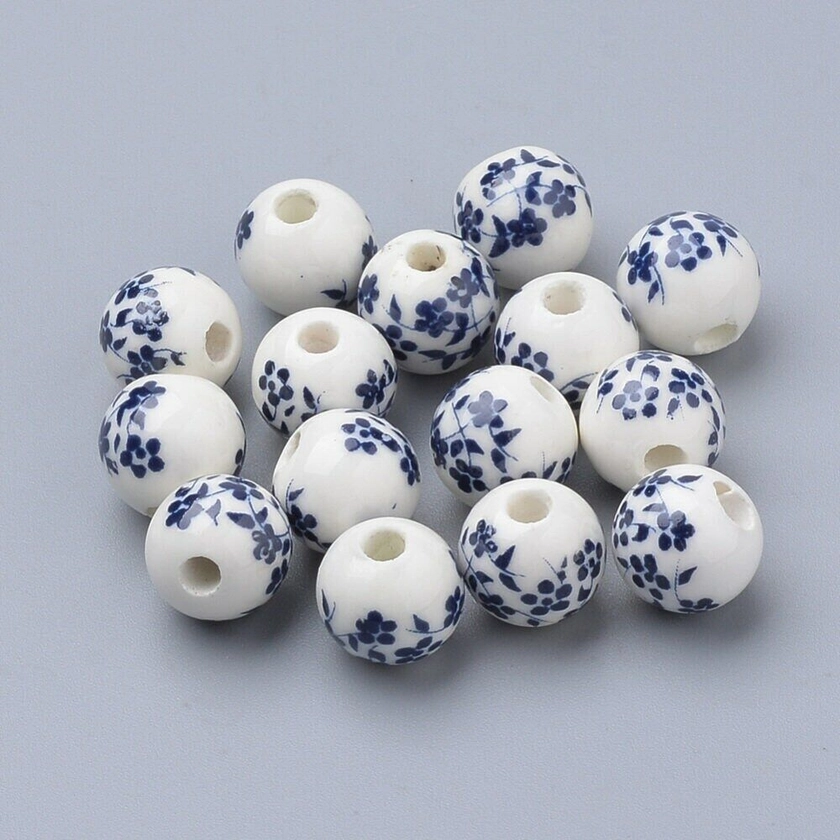 2 sizes, 8mm 10mm 20 x handmade flower floral porcelain ceramic beads, dark blue
