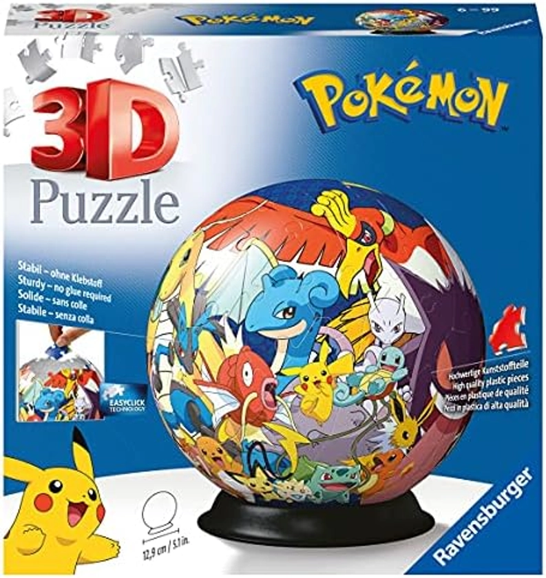 Ravensburger - Puzzle 3D Ball - Pokemon - A partir de 6 ans - 72 pièces numérotées à assembler sans colle - Support et accessoires de finition inclus - Diamètre : 13 cm - 11785