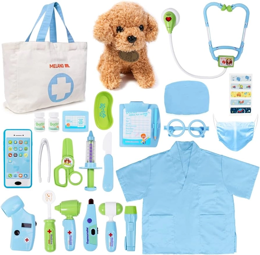 Meland Toy Doctor Kit for Kids - Pretend Play Doctor Set with Dog Toy, Carrying Bag, Stethoscope Toy & Dress Up Costume - Doctor Play Gift for Kids Toddlers Ages 3 4 5 6 Year Old for Role Play