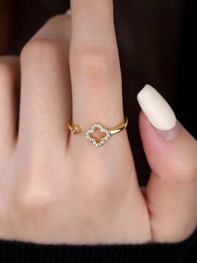 1pc Elegant & Fashionable 925 Sterling Silver Four Leaf Clover Ring With Zirconia Detailing, Suitable For Women As A Gift For Holidays And Daily Wear | SHEIN USA