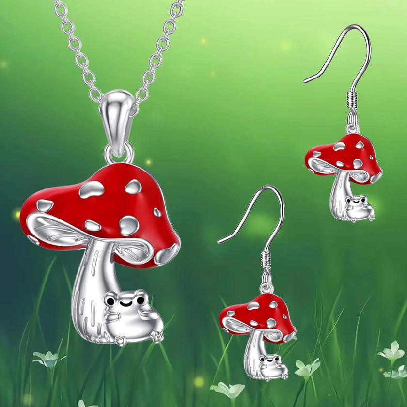 3pcs Cute Red Mushroom With Frog Design Necklace Earrings Set, Birthday Christmas Gift For Family And Bestie