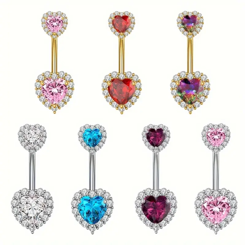 1pcs Multicolor Double Heart Stainless Steel Belly Button Rings, Inlay Multicolor Zircon, Classic Lovely Style, Navel Delicate Jewelry For Women, Daily Wear