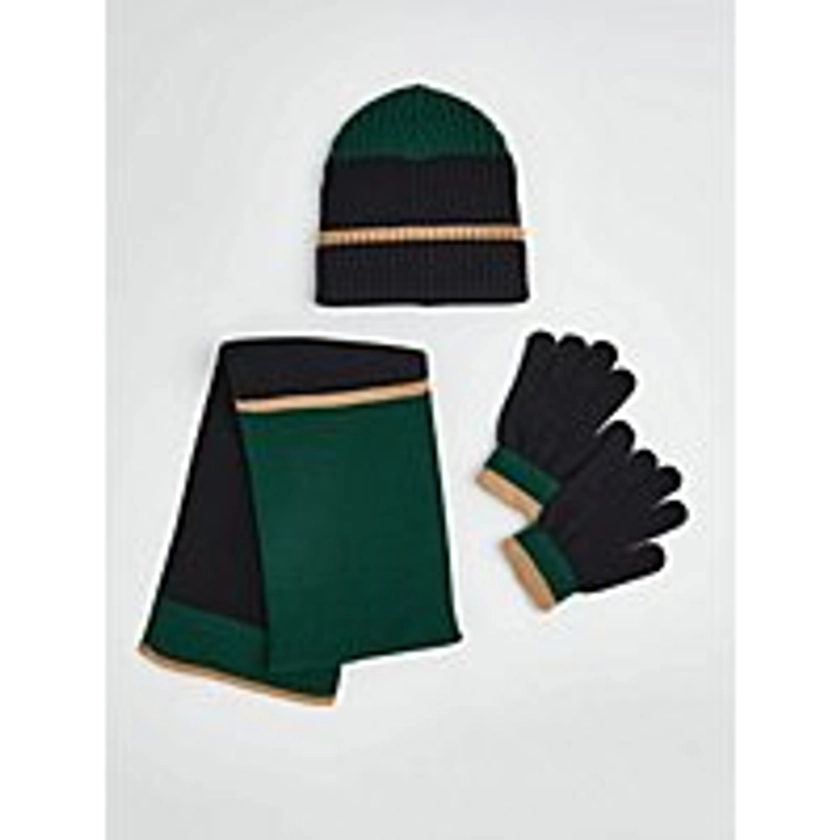 Colour Block Ribbed Knitted Beanie Hat Scarf and Gloves Set