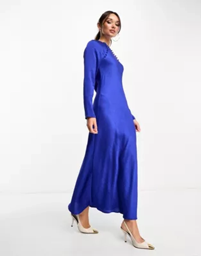 ASOS DESIGN satin biased maxi dress with button detail in cobalt | ASOS