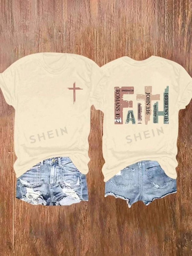 SHEIN LUNE Vintage Christian Short Sleeve Shirt, Bible Verse Casual Shirt, Faith Cross T-Shirt, Prayer Mom Round Neck Tee