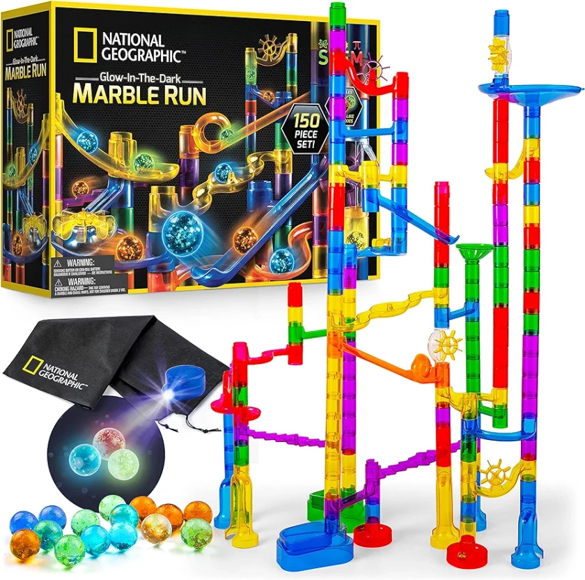 NATIONAL GEOGRAPHIC Glowing Marble Run – 150 Piece Construction Set with 30 Glow in the Dark Glass Marbles & Storage Bag, STEM Gifts for Boys and Girls, Building Project Toy (Amazon Exclusive)