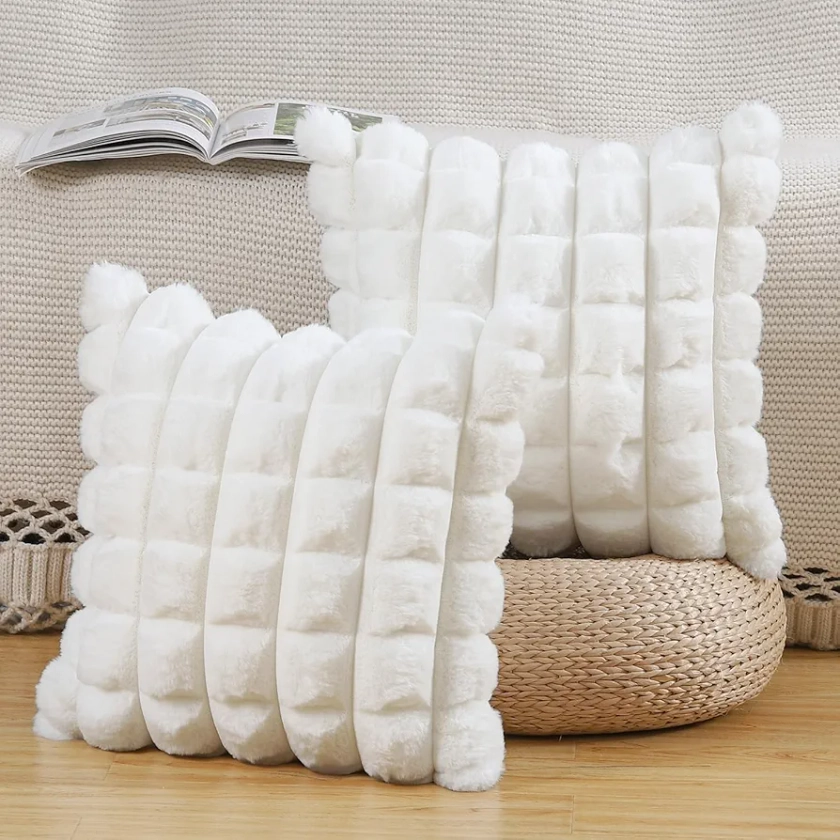 Madizz Faux Wool Cream White Cushion Covers 18x18 inch, 45x45 cm, Set of 2 Super Soft Boho Throw Pillow Covers Decorative Textured Throw Pillows for Sofa Bedroom