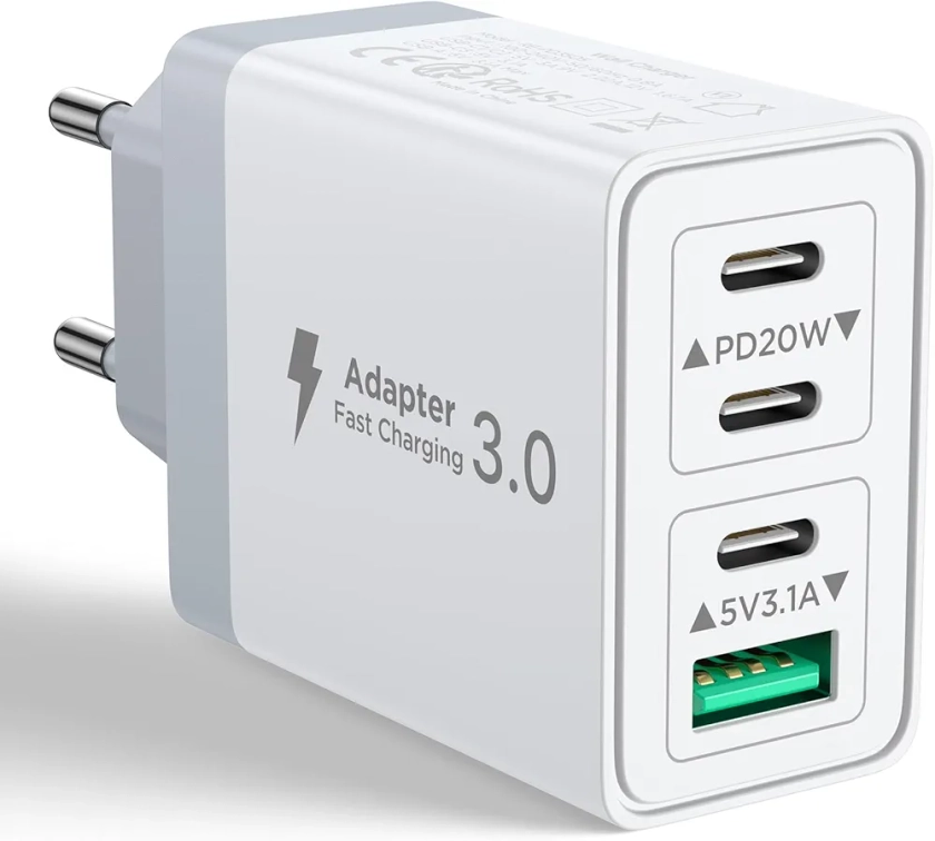 Aioneus Chargeur USB C, 40W 4 Port Prise USBC Chargeur Rapide iPhone, Multi Secteur PD+QC 3.1A Type C Adaptateur pour iPhone 15 14 13 12 11 Pro Max X XS XR 8 7 6S Plus Mini SE, iPad, Samsung Galaxy