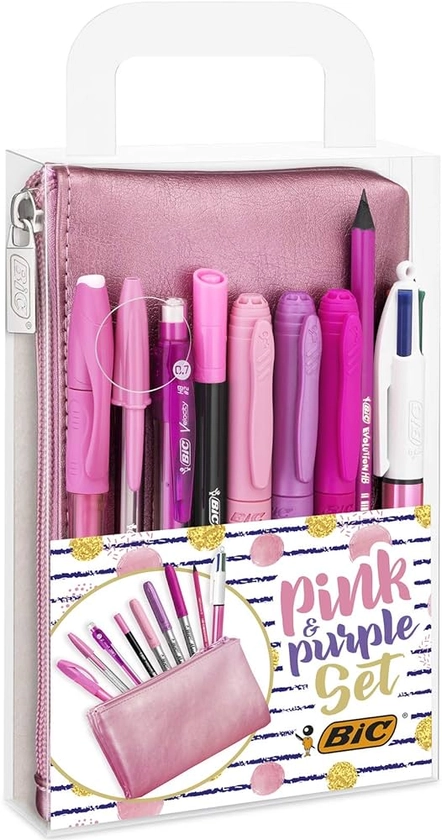 BIC Pink & Purple Set - 1 Pencil Case, 2 Ball Pens/1 Erasable Gel Pen/1 Graphite Pencil with Eraser/1 Writing Felt Pen/3 Permanent Markers/1 Mechanical Pencil : Amazon.co.uk: Stationery & Office Supplies