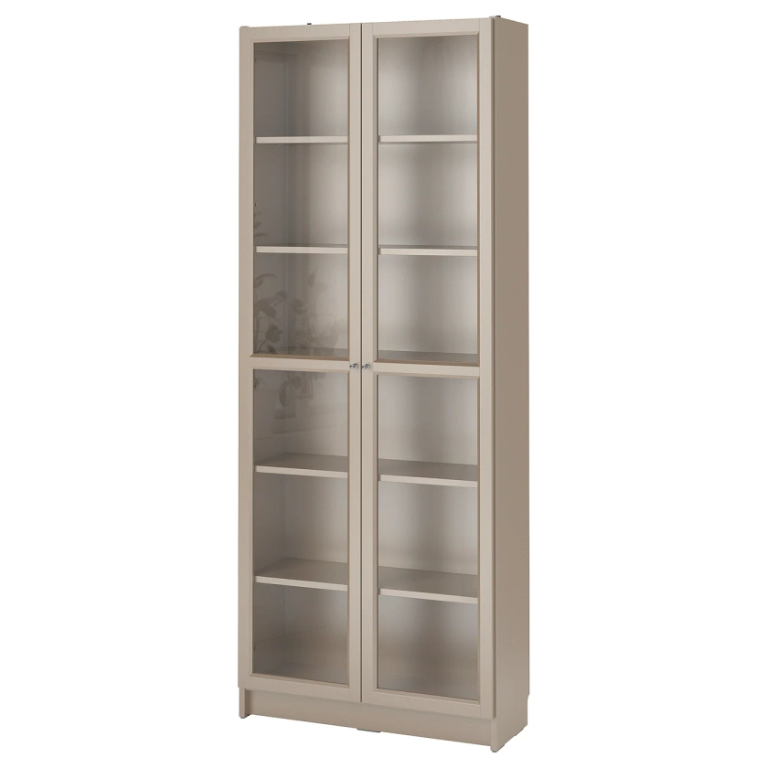BILLY Bookcase with glass doors, gray, metallic effect, 31 1/2x11 3/4x79 1/2" - IKEA