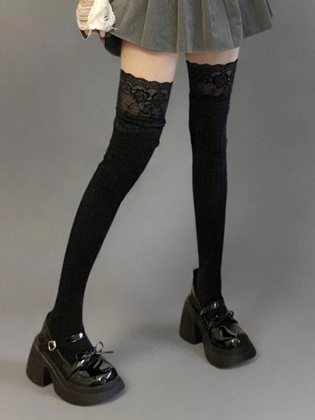 1 par de calcetines de punto negro de encaje de mujer hasta la rodilla, para usar con botas altas para una apariencia elegante, embelleciendo la forma de la pierna, calcetines largos, adecuados para uso diario