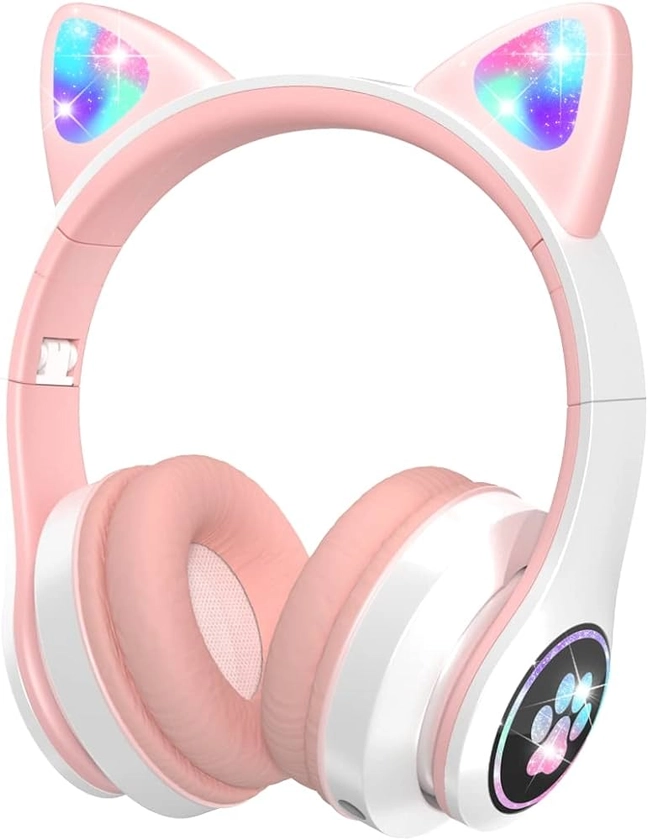 VuyKoo Bluetooth Casque Audio Enfants avec HD Microphone/Lumières LED, Ecouteurs Enfants du Volume Limité 85dB, Son Stéréo Casque Audio Enfants pour Smartphone,iPad,Tablet,Kindle,Ecole (Rose)