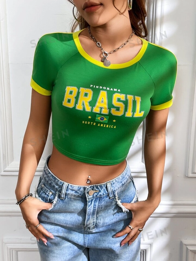 SHEIN EZwear Camiseta Corta Con Mangas Raglán, Con Letras Y Borde De Contraste En Brasil