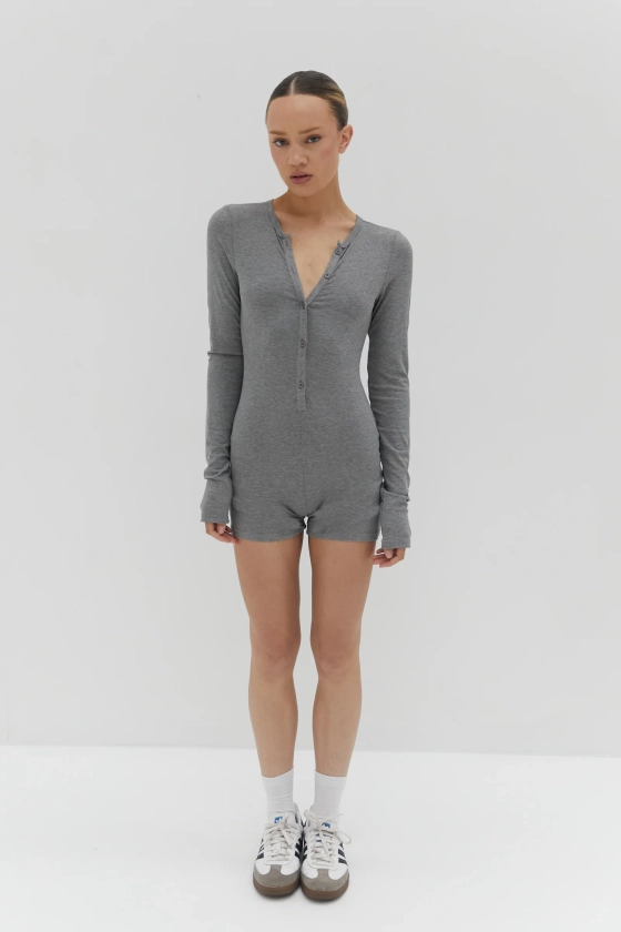 Button Ribbed Romper - Grey
