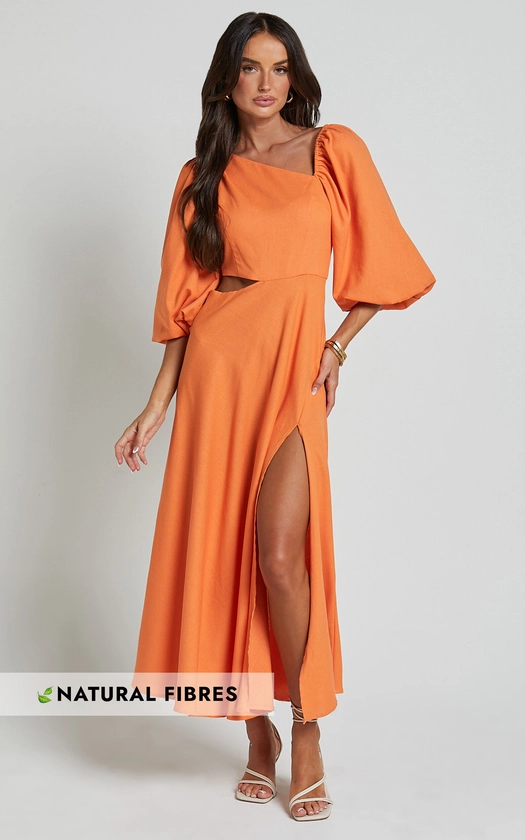 RHYNE MIDI DRESS - ASYMMETRIC PUFF SLEEVE SIDE CUT OUT A LINE DRESS IN PAPAYA