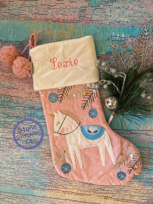 Unicorn personalized stocking, embroidered stocking, first Christmas stocking, Baby's First Christmas, girl unicorn stocking, pink stocking