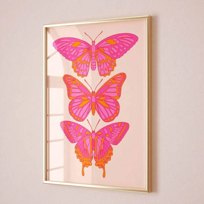 1pc, Pink Orange Butterfly Wall Art Preppy Room Decor For Teens, Cute Apartment Decor Maximalist Wall Art, Funky Art Print Aesthetic Room Decor 20*28in Unframed | SHEIN UK