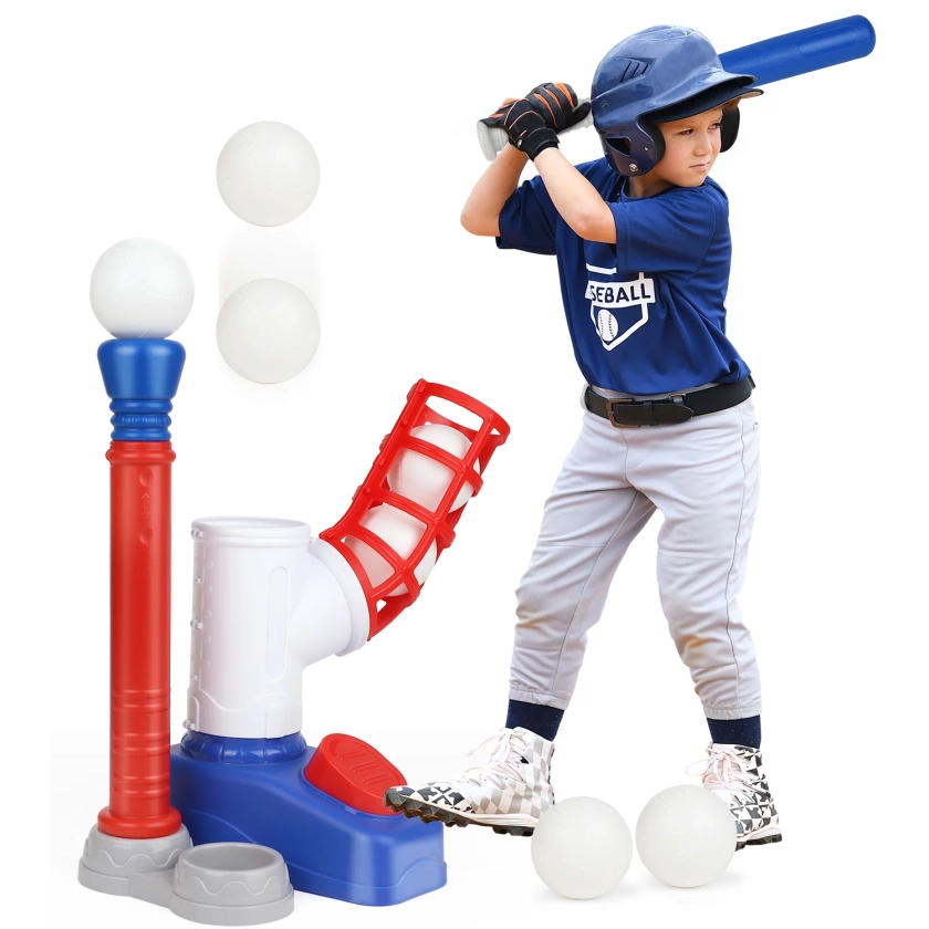 T Ball Set Toys for Kids Girls 3-5,for Age 3 to 6, Toddler Baseball Game Sports & Outdoors Toys, Kids Baseball Toys Includes 6 Balls, Auto Ball Launcher - Blue