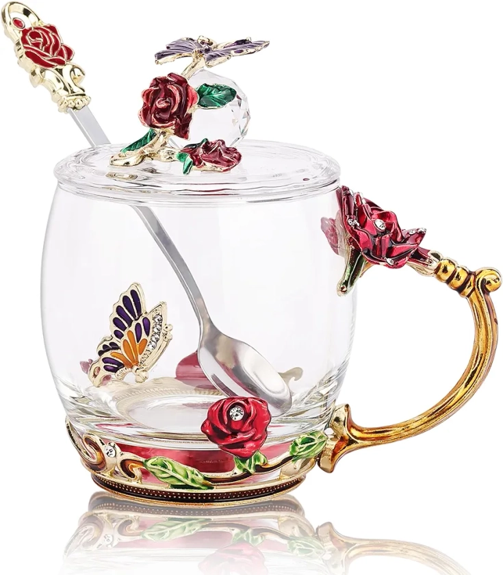 GeeWaa Enamel Butterfly Flower Tea Cup Sets with Spoon and Lid Glass Coffee Mug Mothers Day Gifts for Mum Wedding Graduation Christmas Valentines Birthday Gifts for Women Wife Friend Teacher(Red-Low)