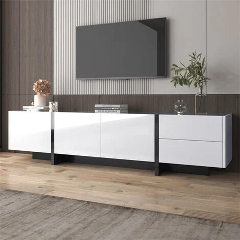 Meuble TV 190x35x45cm, avec 3 portes et 2 tiroirs, étagères intérieurs, brillant, style moderne, design linéaire simple, blanc