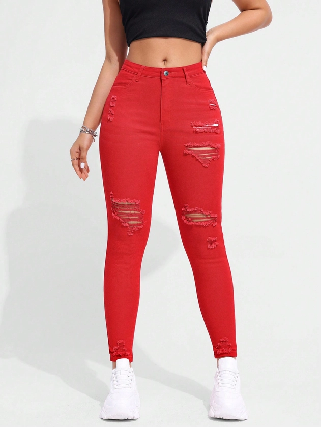 SHEIN Solid Color Slim Fit Ripped Denim Jeans