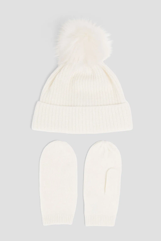 Ribbed cashmere gloves and beanie set - ivory - One Size